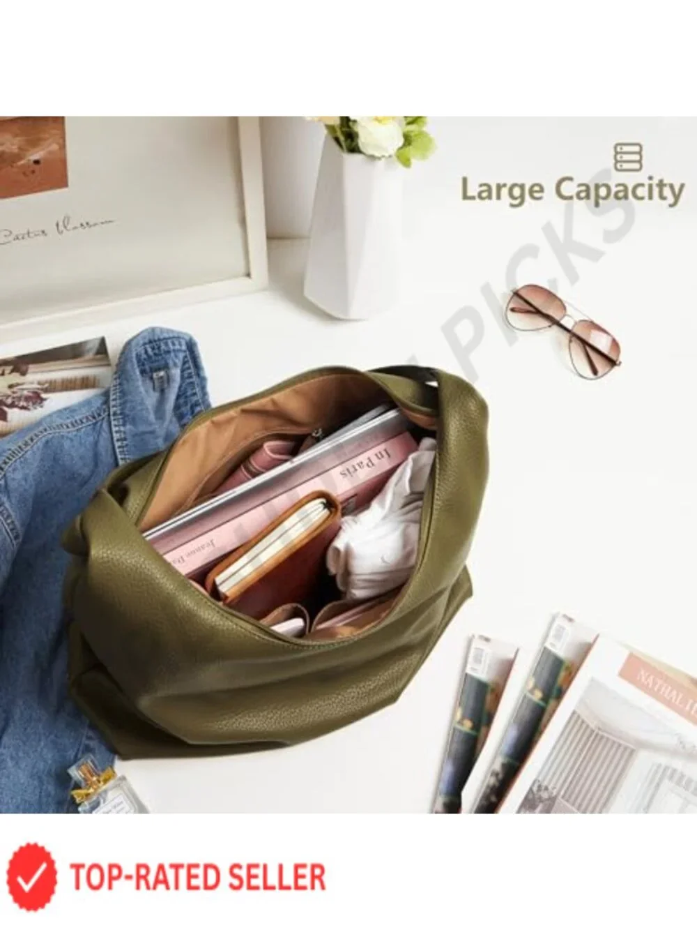 Large Slouchy Vegan Leather Hobo Tote Bag with Zipper Pockets